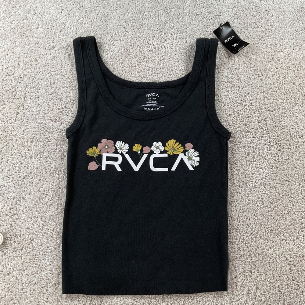 RVCA Womens Flower Power Tank Top Black Floral Logo Cotton Ribbed XS
